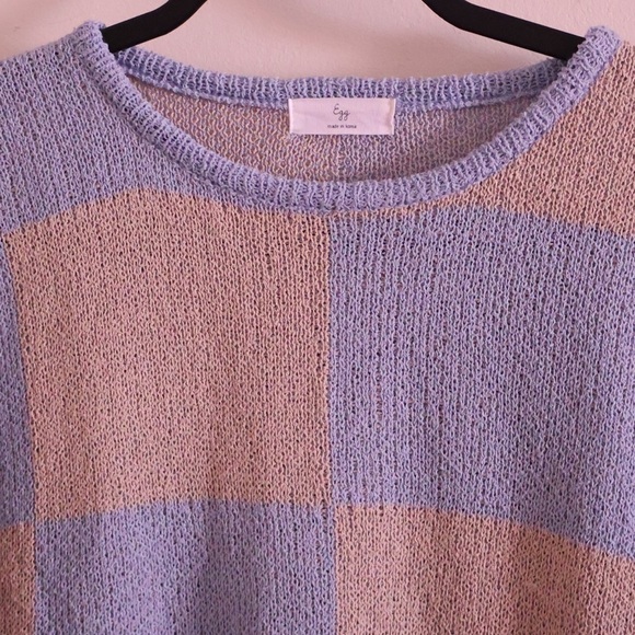 Egg Blue and Tan Checkered Sweater M/L Made in Korea - Picture 4 of 5